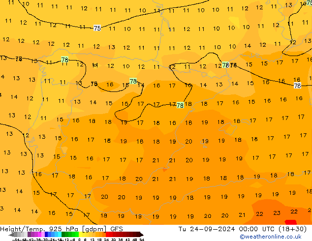 Hoogte/Temp. 925 hPa GFS di 24.09.2024 00 UTC