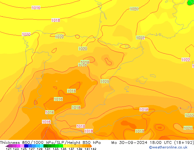 Thck 850-1000 hPa GFS lun 30.09.2024 18 UTC