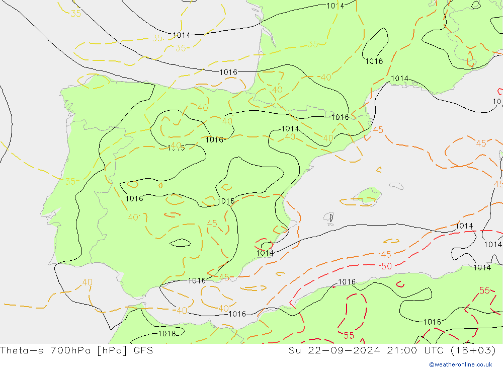 Theta-e 700hPa GFS Paz 22.09.2024 21 UTC