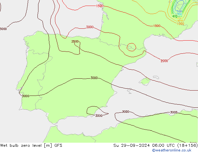 Wet bulb zero level GFS Ne 29.09.2024 06 UTC