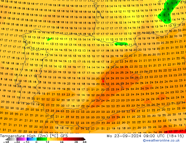 Temperature High (2m) GFS Mo 23.09.2024 09 UTC