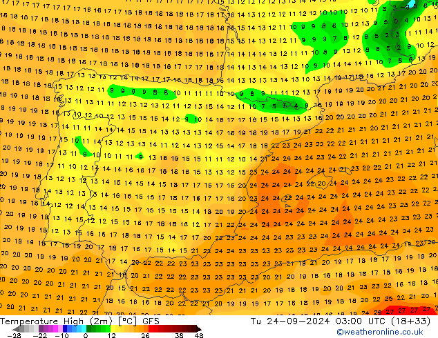 Temp. massima (2m) GFS mar 24.09.2024 03 UTC