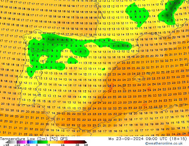 Temperature Low (2m) GFS Mo 23.09.2024 09 UTC