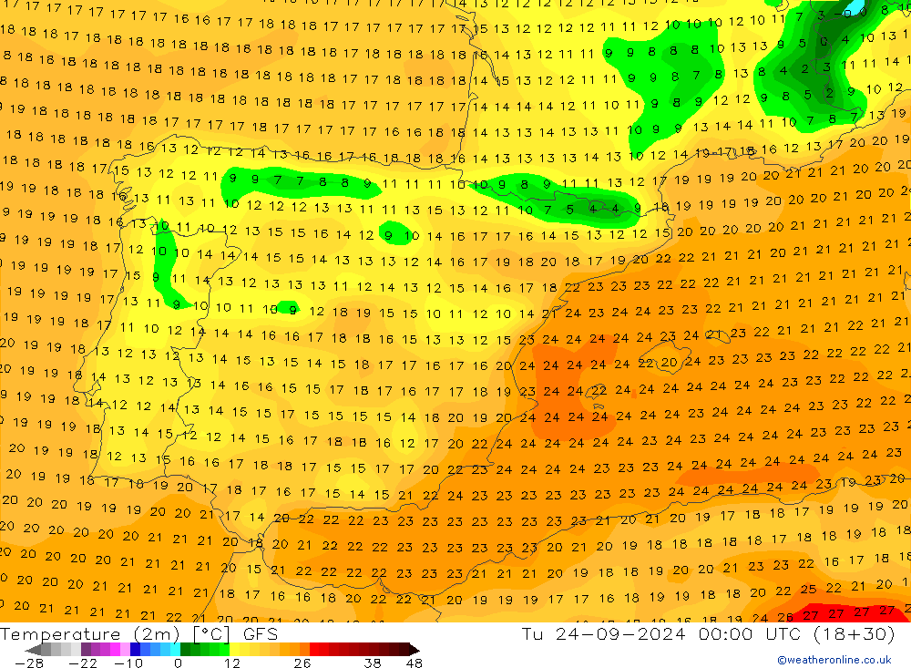 Temperaturkarte (2m) GFS Di 24.09.2024 00 UTC