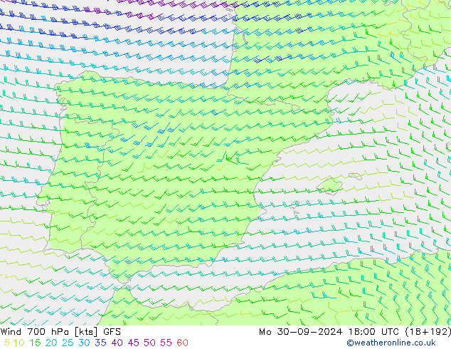 Vento 700 hPa GFS lun 30.09.2024 18 UTC