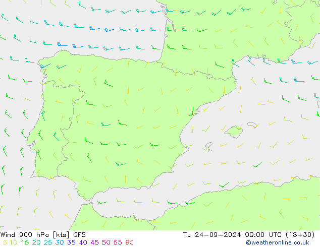 wiatr 900 hPa GFS wto. 24.09.2024 00 UTC