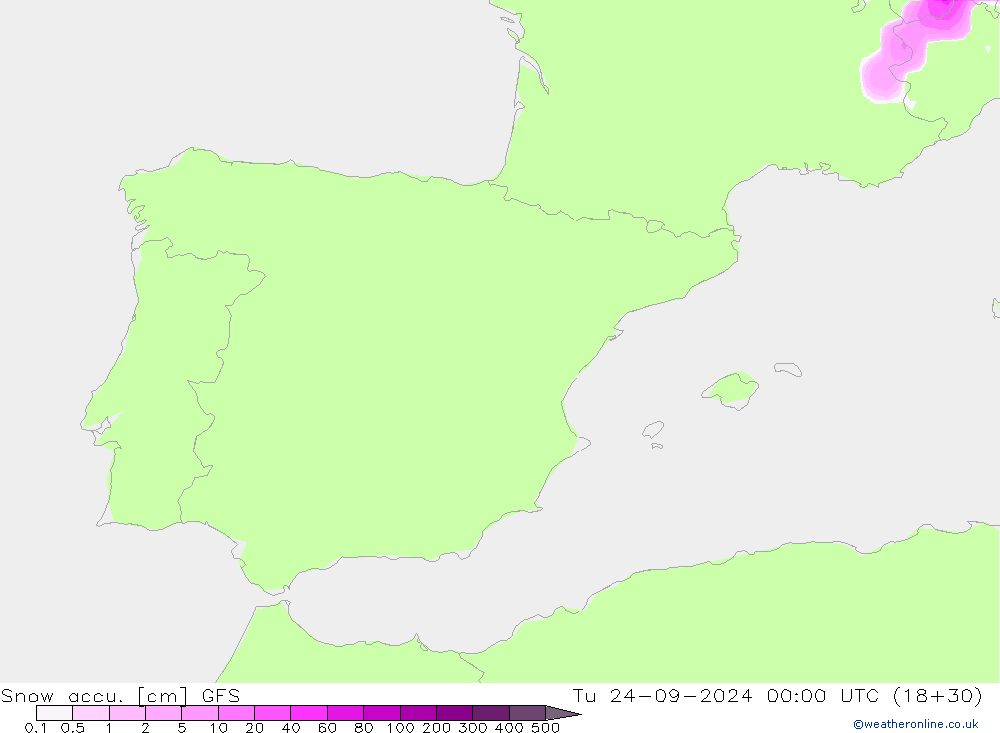 Snow accu. GFS Út 24.09.2024 00 UTC