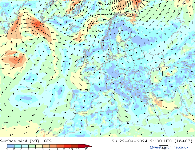 Vento 10 m (bft) GFS dom 22.09.2024 21 UTC