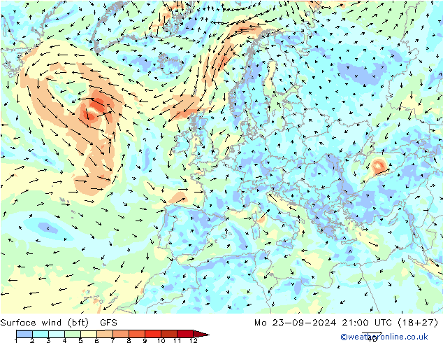 Surface wind (bft) GFS Po 23.09.2024 21 UTC