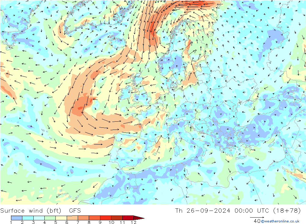  10 m (bft) GFS  26.09.2024 00 UTC