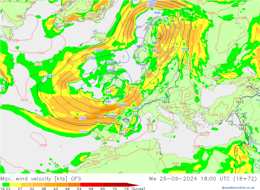 Max. wind velocity GFS ср 25.09.2024 18 UTC