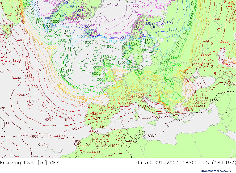 Isotherme 0° GFS lun 30.09.2024 18 UTC