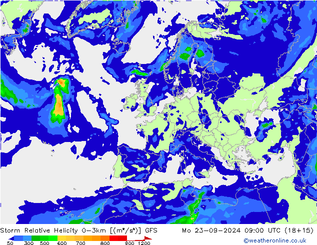 Storm Relative Helicity GFS lun 23.09.2024 09 UTC