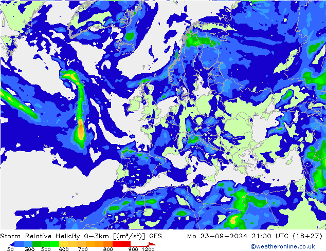 Storm Relative Helicity GFS lun 23.09.2024 21 UTC