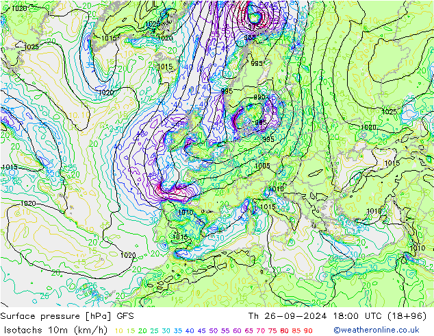 Isotachen (km/h) GFS Do 26.09.2024 18 UTC