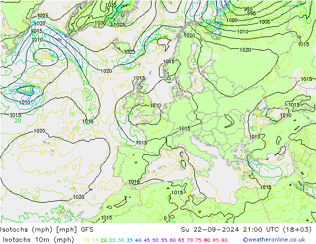 Isotachs (mph) GFS Вс 22.09.2024 21 UTC