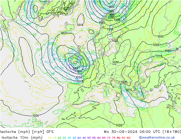 Isotachs (mph) GFS Mo 30.09.2024 06 UTC