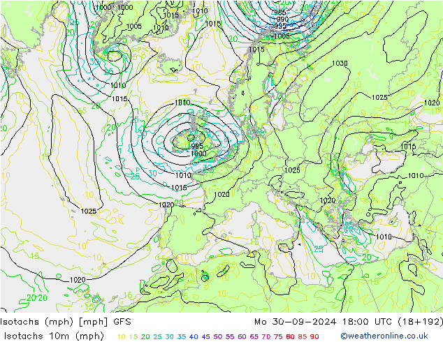 Isotachen (mph) GFS ma 30.09.2024 18 UTC