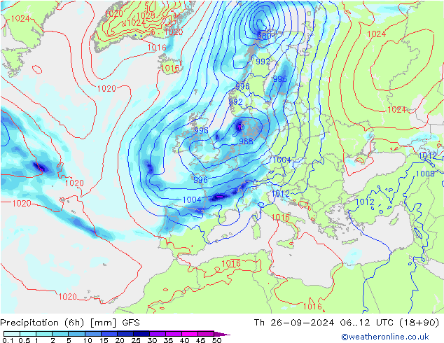 Z500/Rain (+SLP)/Z850 GFS  26.09.2024 12 UTC