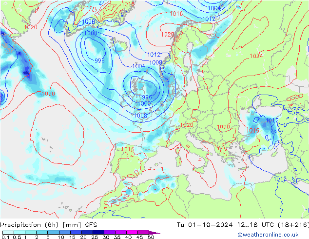 Z500/Rain (+SLP)/Z850 GFS  01.10.2024 18 UTC