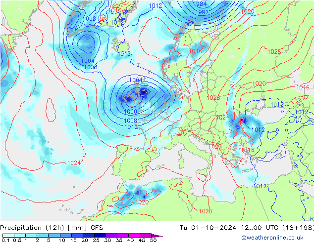 Nied. akkumuliert (12Std) GFS Di 01.10.2024 00 UTC