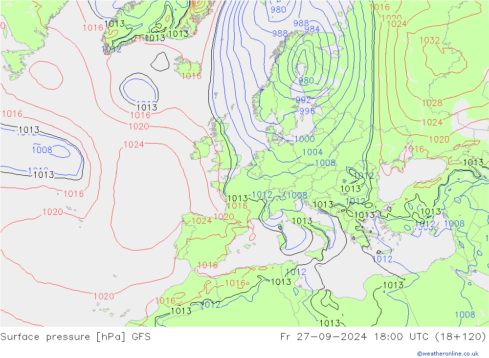 Surface pressure GFS Fr 27.09.2024 18 UTC