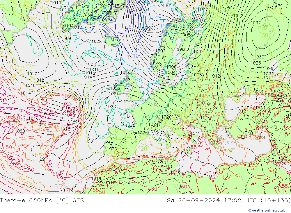 Theta-e 850hPa GFS Sa 28.09.2024 12 UTC