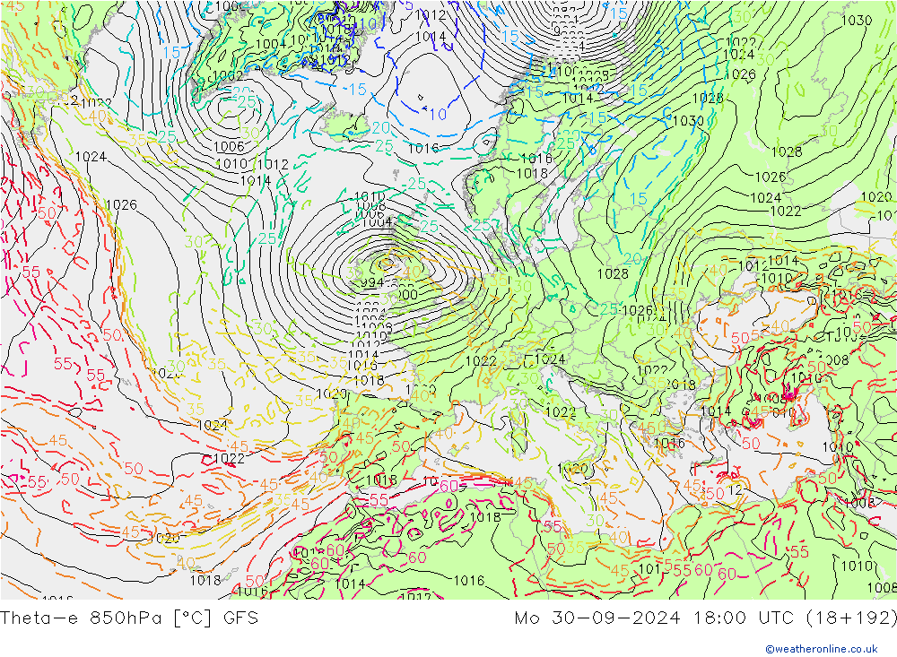 Theta-e 850hPa GFS Mo 30.09.2024 18 UTC