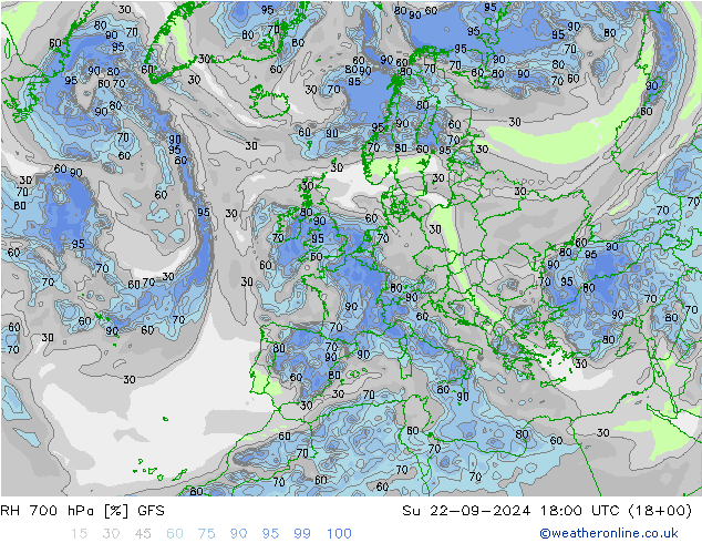 Humidité rel. 700 hPa GFS dim 22.09.2024 18 UTC