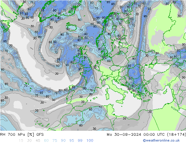 RH 700 hPa GFS lun 30.09.2024 00 UTC