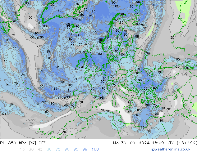 RH 850 hPa GFS Mo 30.09.2024 18 UTC