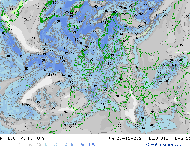 RH 850 hPa GFS Mi 02.10.2024 18 UTC