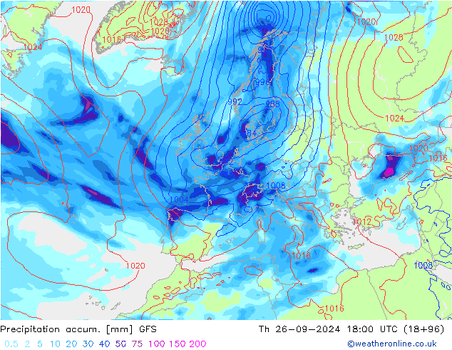 Precipitation accum. GFS czw. 26.09.2024 18 UTC