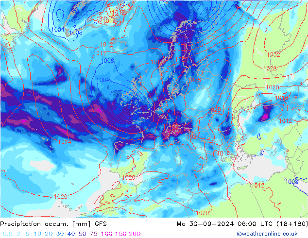 Precipitation accum. GFS Mo 30.09.2024 06 UTC