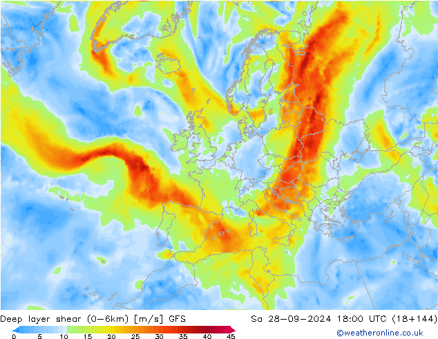 Deep layer shear (0-6km) GFS Sa 28.09.2024 18 UTC