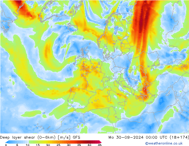 Deep layer shear (0-6km) GFS  30.09.2024 00 UTC