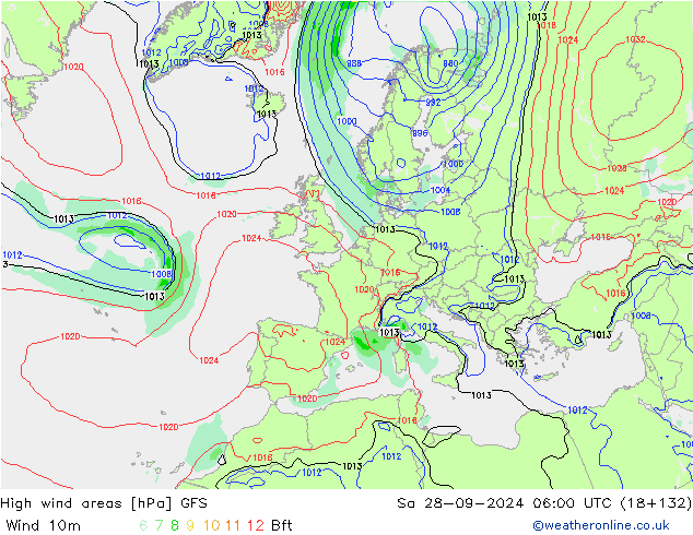 High wind areas GFS Sa 28.09.2024 06 UTC