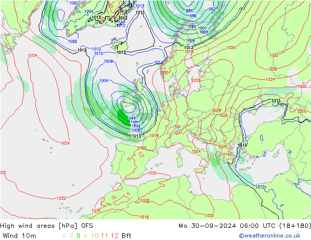 High wind areas GFS Mo 30.09.2024 06 UTC