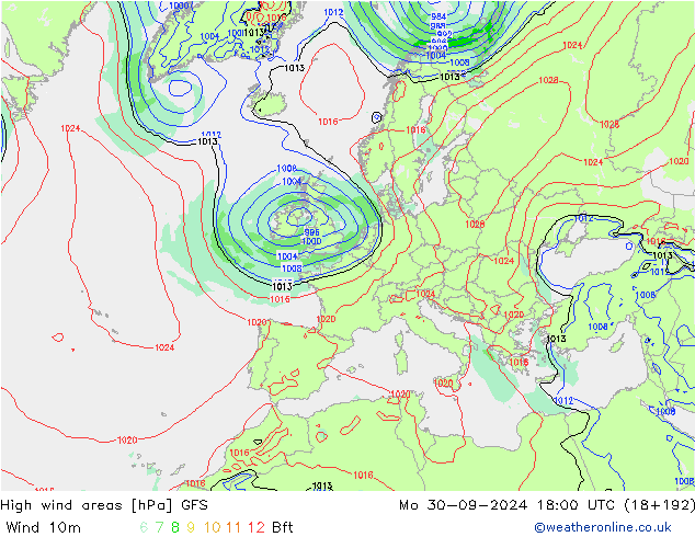 High wind areas GFS  30.09.2024 18 UTC