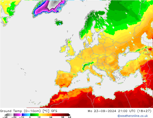 Temp. al suolo (0-10cm) GFS lun 23.09.2024 21 UTC