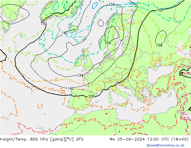 Height/Temp. 850 гПа GFS ср 25.09.2024 12 UTC