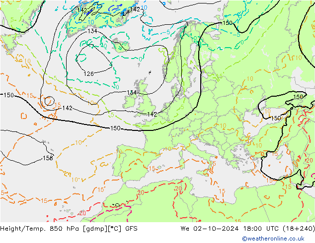 Height/Temp. 850 hPa GFS Mi 02.10.2024 18 UTC