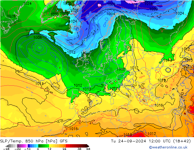 SLP/Temp. 850 hPa GFS mar 24.09.2024 12 UTC