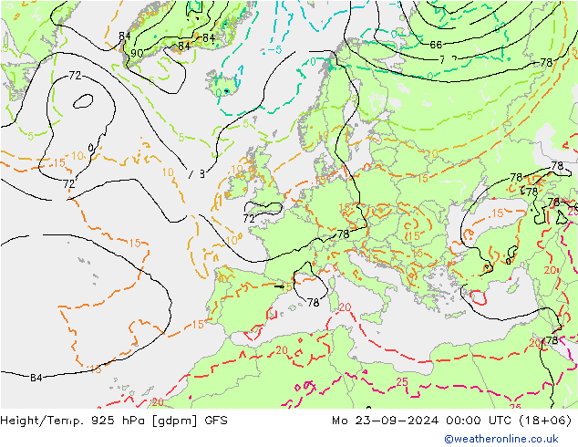 Yükseklik/Sıc. 925 hPa GFS Pzt 23.09.2024 00 UTC