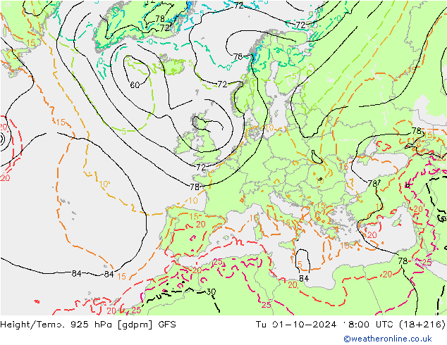 Yükseklik/Sıc. 925 hPa GFS Sa 01.10.2024 18 UTC