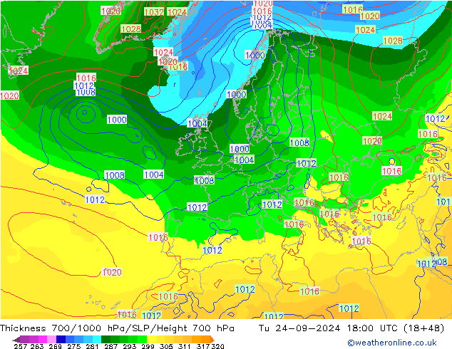 Thck 700-1000 hPa GFS wto. 24.09.2024 18 UTC