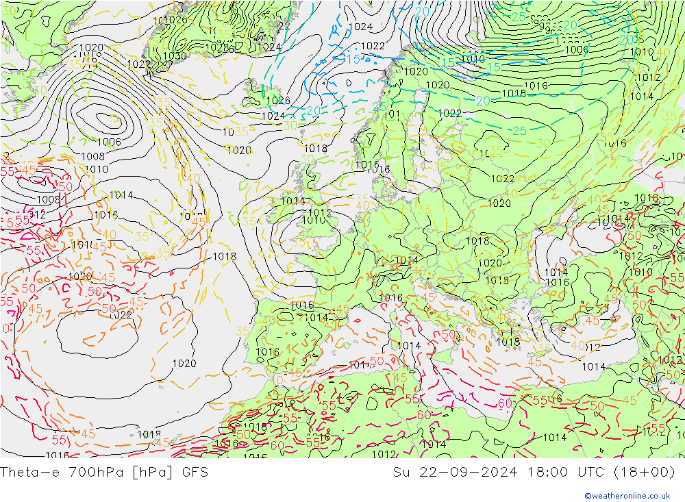 Theta-e 700hPa GFS Dom 22.09.2024 18 UTC