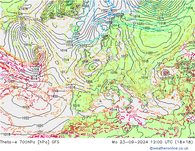 Theta-e 700hPa GFS pon. 23.09.2024 12 UTC