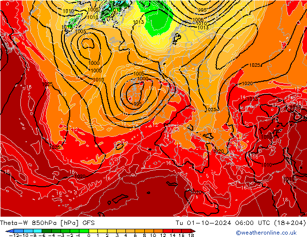 Theta-W 850hPa GFS Di 01.10.2024 06 UTC