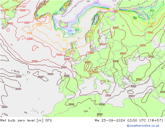 Theta-W Isotherme 0° GFS mer 25.09.2024 03 UTC